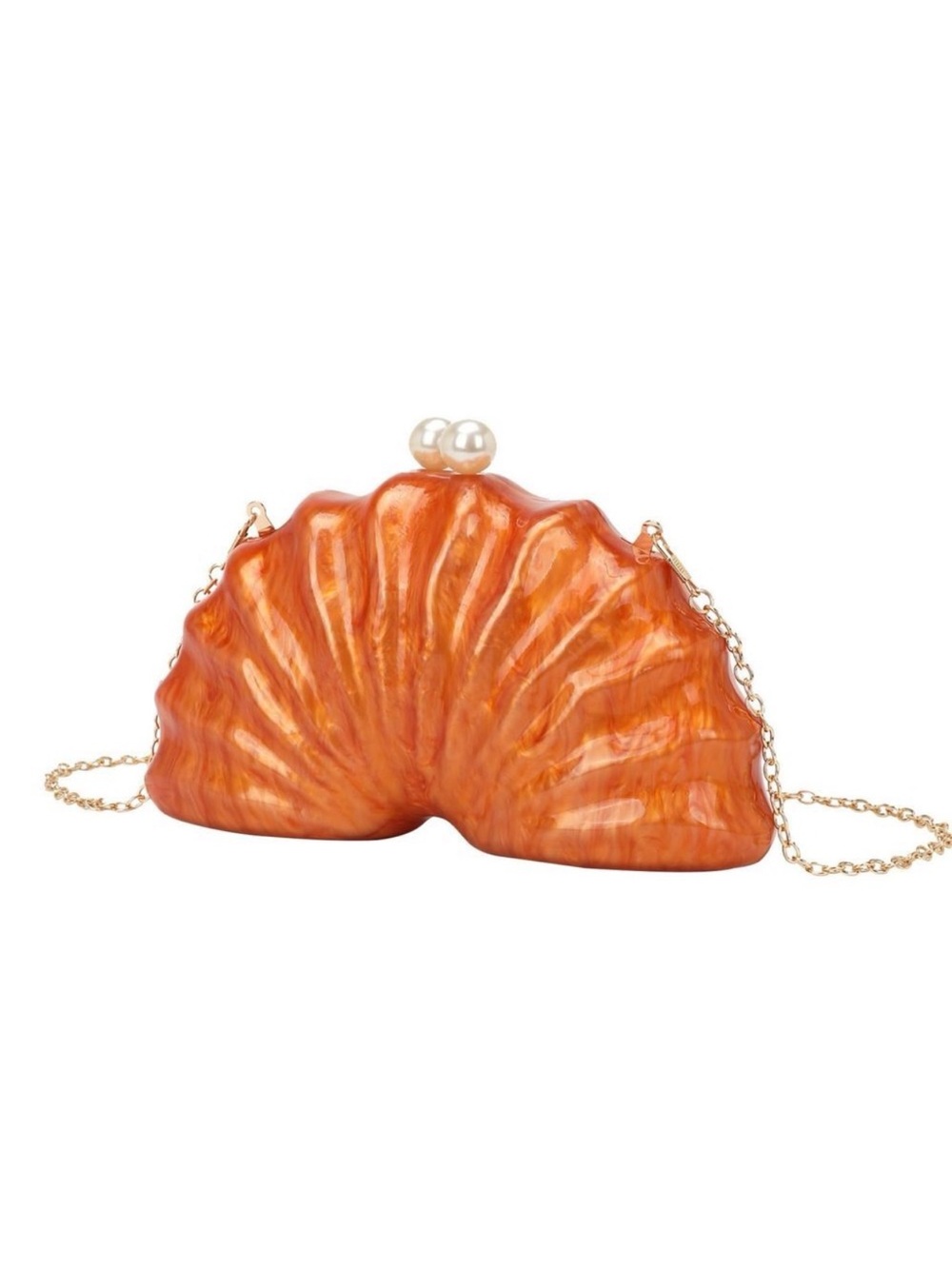 Orange Shell-Shaped Acrylic Evening Clutch with Unique Chain